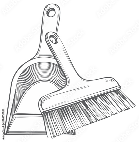 Detailed Illustration of a Dustpan and Brush Set for Cleaning, Sketch Style