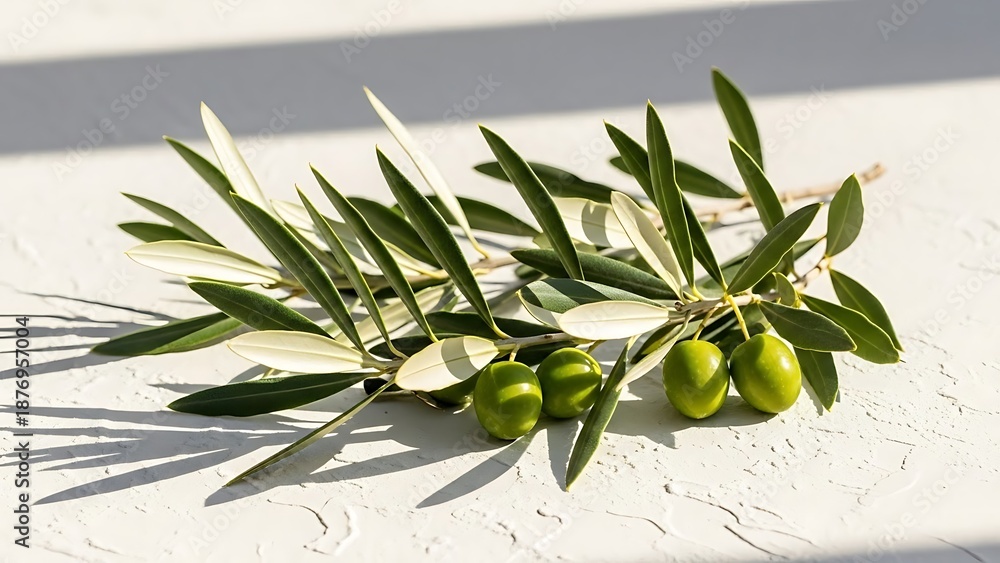 Fototapeta premium Fresh olive branch with green olives on white background, natural and organic produce