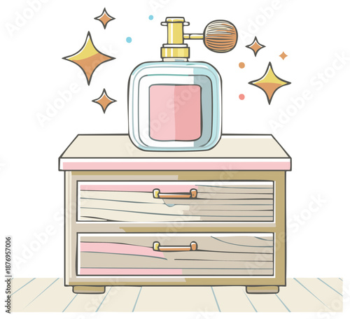 Vintage perfume bottle with bulb atomizer rests on a wooden dresser with sparkling stars