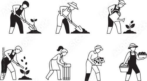 Farmers and Gardeners Working with Plants and Agriculture Tools Icon Set