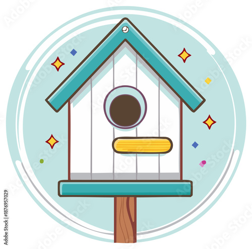 Cartoon birdhouse on a pole with colorful confetti, illustrated icon graphic. Vector graphic for designers.