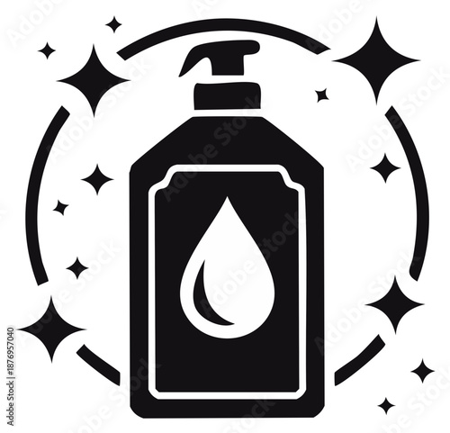 Hand sanitizer bottle with cleaning effect, hygiene and sanitization symbol