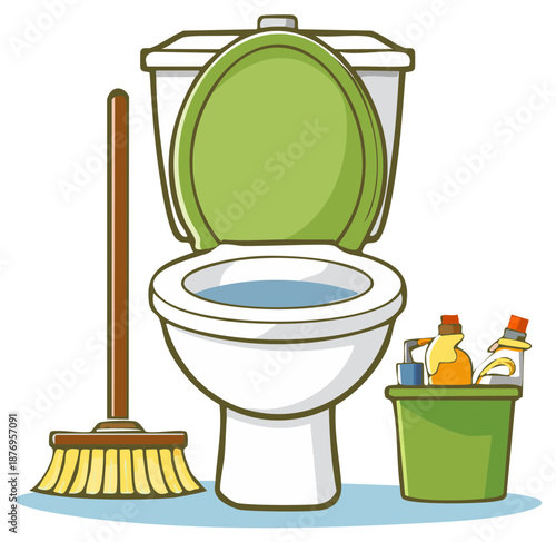 Cleaning the toilet with a bowl, mop and detergent in a bucket. Home hygiene, cartoon illustration for design needs