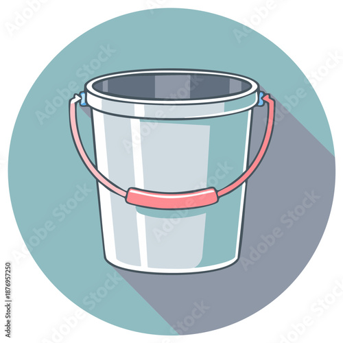 Vector Illustration of a Gray Bucket with Red Handle on a Teal Circle