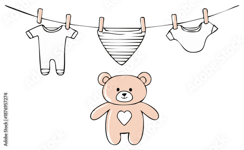 Sweet newborn baby clothing drying on a laundry line with an adorable teddy bear illustration