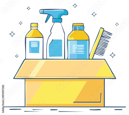 Wallpaper Mural Cartoon illustration of a cardboard box filled with various cleaning supplies and tools Torontodigital.ca