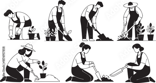 Professional Gardeners and Farmers Planting Seedlings Silhouette Illustration Set