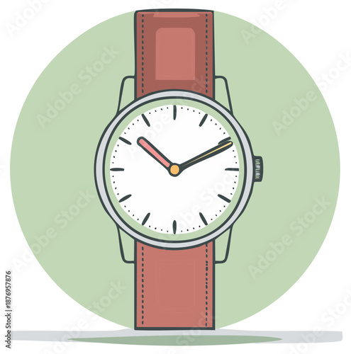 Stylish Wristwatch Illustration with Leather Strap and White Face on Green Background