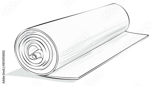 Unrolled yoga mat in outline form showing coiled end and uncurling surface for exercise