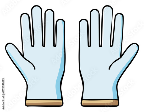 Cartoon illustration of a pair of blue protective rubber gloves for medical or cleaning use