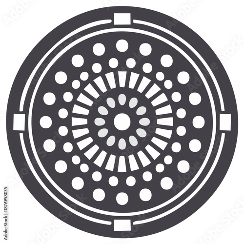 Stylized illustration of a manhole cover with a circular pattern
