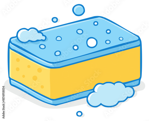 Cartoon yellow sponge with blue soap bubbles. Cleaning and hygiene product. Object for washing dishes or the body.