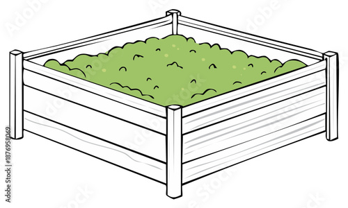 Wooden raised garden bed filled with soil or compost for planting vector illustration
