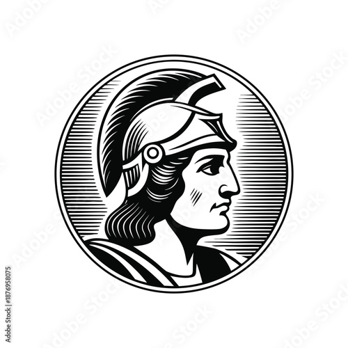 Black and white vintage engraving illustration of a classic Roman soldier wearing a helmet in vector style