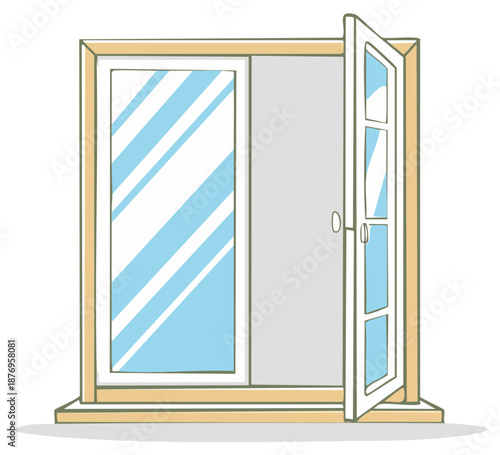 Open casement window with one pane closed and one swung open in a cartoon style illustration