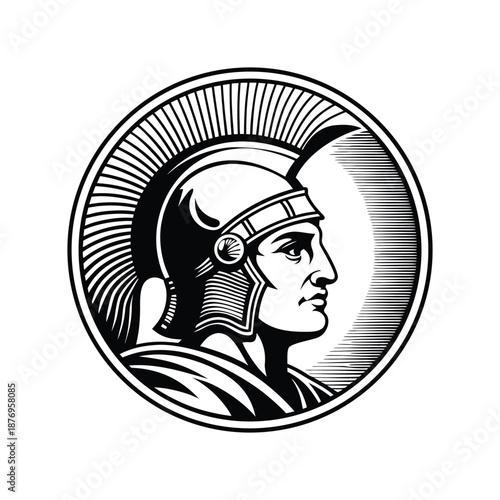 Black and white vintage engraving illustration of a classic Roman soldier wearing a helmet in vector style