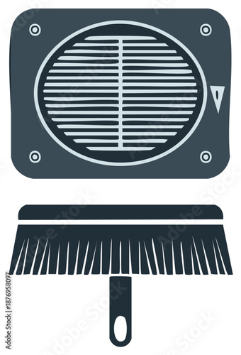 Graphic rendering of a vintage television set with dials and a brush for cleaning screen surfaces