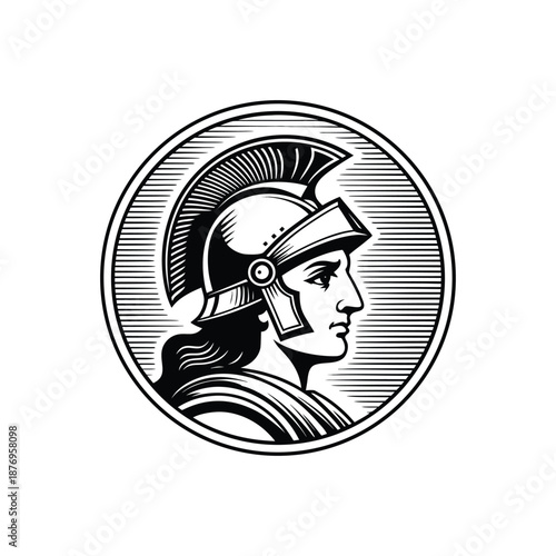 Black and white vintage engraving illustration of a classic Roman soldier wearing a helmet in vector style