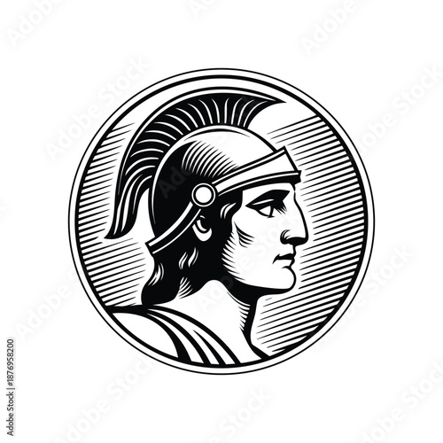 Black and white vintage engraving illustration of a classic Roman soldier wearing a helmet in vector style