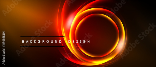 Abstract design features vibrant orange, red glowing circles. Dark background enhances luminosity, creating dynamic visual effect.