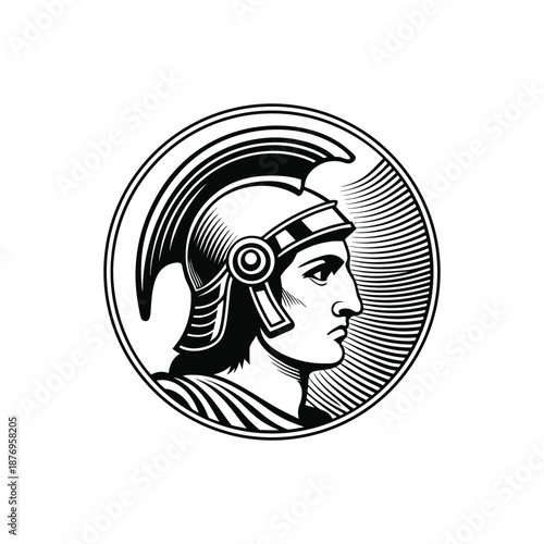 Black and white vintage engraving illustration of a classic Roman soldier wearing a helmet in vector style