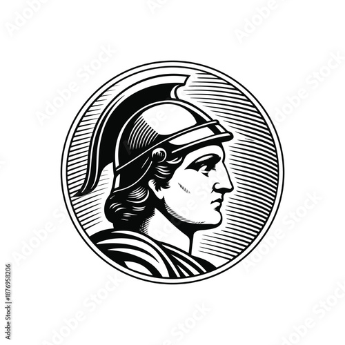 Black and white vintage engraving illustration of a classic Roman soldier wearing a helmet in vector style