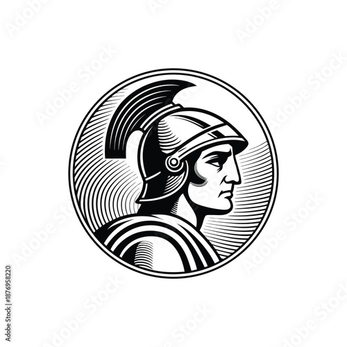 Black and white vintage engraving illustration of a classic Roman soldier wearing a helmet in vector style