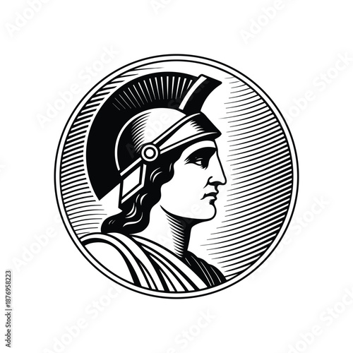 Black and white vintage engraving illustration of a classic Roman soldier wearing a helmet in vector style
