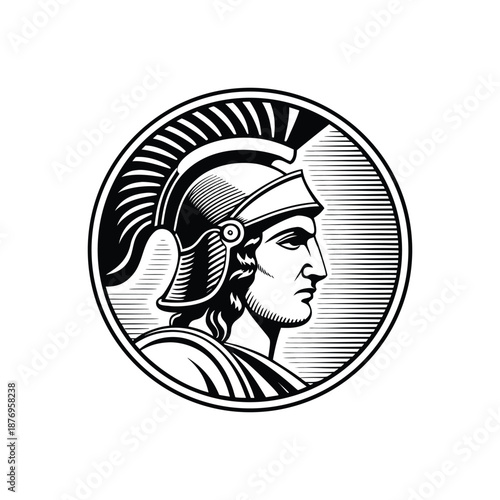 Black and white vintage engraving illustration of a classic Roman soldier wearing a helmet in vector style