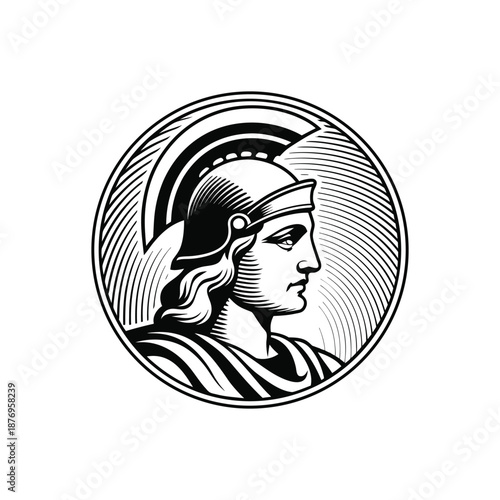 Black and white vintage engraving illustration of a classic Roman soldier wearing a helmet in vector style