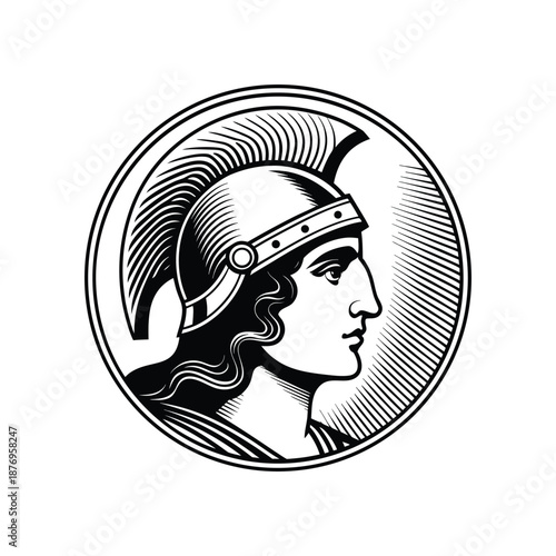 Black and white vintage engraving illustration of a classic Roman soldier wearing a helmet in vector style
