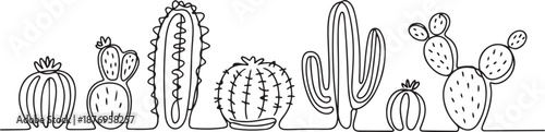 Continuous Line Drawing of Vector Set of Cute Cactus Black and White Sketch House Plants Isolated on White Background. one line Art icon drawing vector