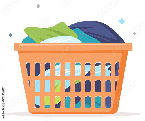 Orange laundry basket overflowing with colorful clean folded clothes and scattered sparkles