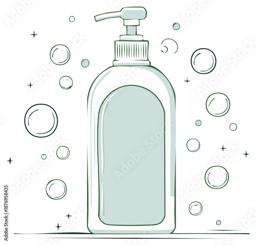 Hand soap dispenser illustration with bubbles, line art design.