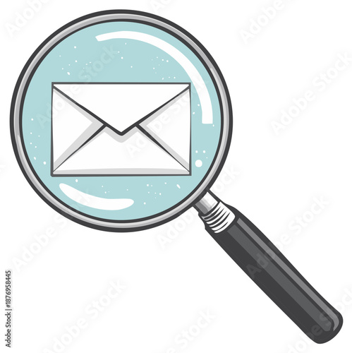 Magnifying glass examining a digital email envelope icon representing search and communication