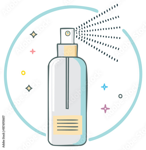 Spray Bottle Dispensing Mist Vapor in a Circular Frame with Stars for Cleaning and Refreshment Application