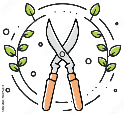 Gardening shears tool with leaf branches around a circle element.