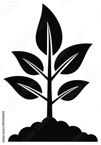 Black silhouette icon of a young plant sapling with leaves growing from a mound of soil