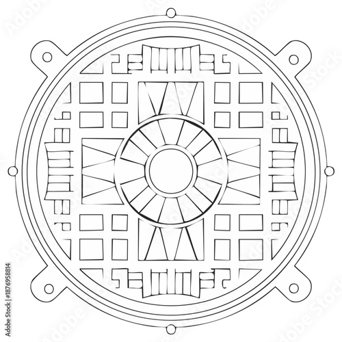 Circular Geometric Pattern with Radial and Square Elements Decorative Design