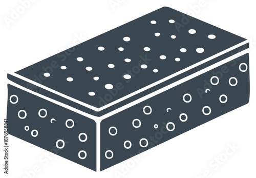 Isometric Vector Illustration of a Dark Gray Rectangular Sponge with White Dots and Circles