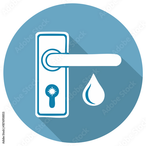 White door handle icon with droplet on blue background Cleanliness Hygiene and Home vector