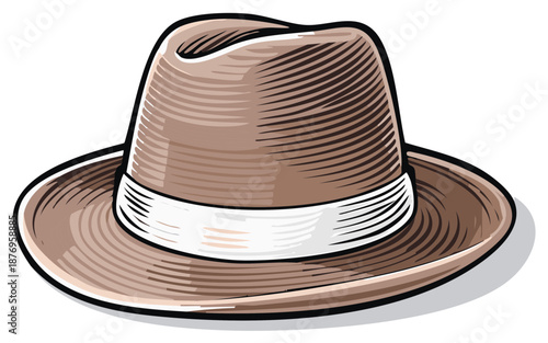 Cartoon Illustration of Classic Fedora Hat with White Band and Shading