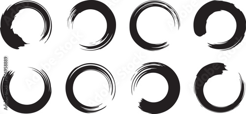 Abstract black paint brushstroke circles pack. Enso zen ink brush style symbol set. one line Art icon drawing vector