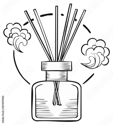 Aroma diffuser with sticks in a transparent bottle and abstract cloud of scent in a black and white vector graphic