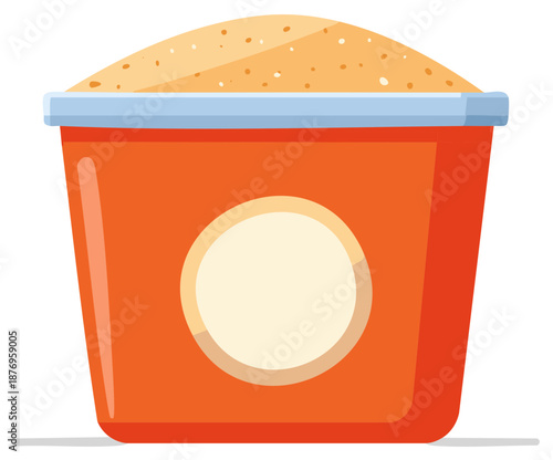 Vibrant orange bucket filled with granular sand featuring a blue rim and blank circular label