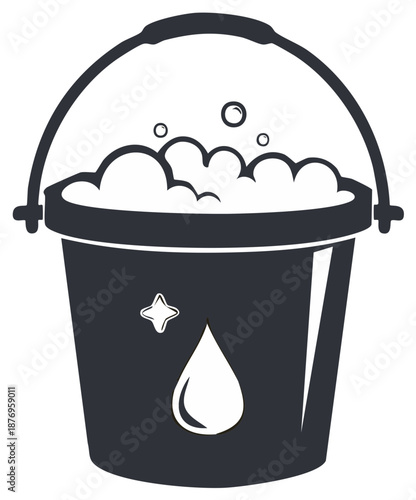 Simple vector icon of a cleaning bucket filled with soapy water, suds, and bubbles.