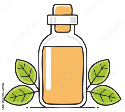 Natural Herbal Essential Oil in a Bottle with Leaves Illustration