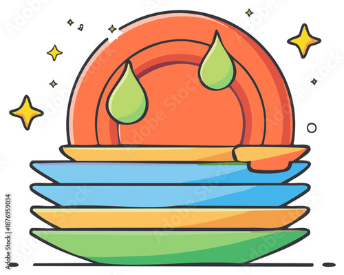 Stack of colorful clean dishes sparkling with water drops and stars illustration