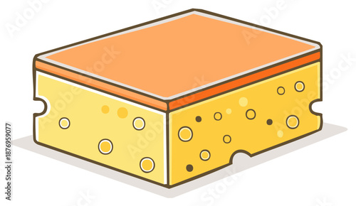 Cartoon drawing of rectangular piece of yellow cheese with orange rind, block shape and assorted holes, cartoon style food illustration