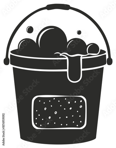 Bucket overflowing with soapy water and bubbles with a sponge detail